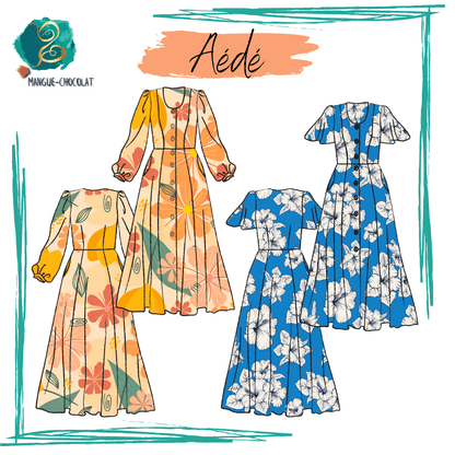 Patron de couture PDF Aédé, robe longue à manches longues et papillons, tailles 36 à 50, disponible en français.