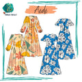 Patron de couture PDF Aédé, robe longue à manches longues et papillons, tailles 36 à 50, disponible en français.