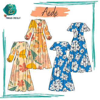 Patron de couture PDF Aédé, robe longue à manches longues et papillons, tailles 36 à 50, disponible en français.