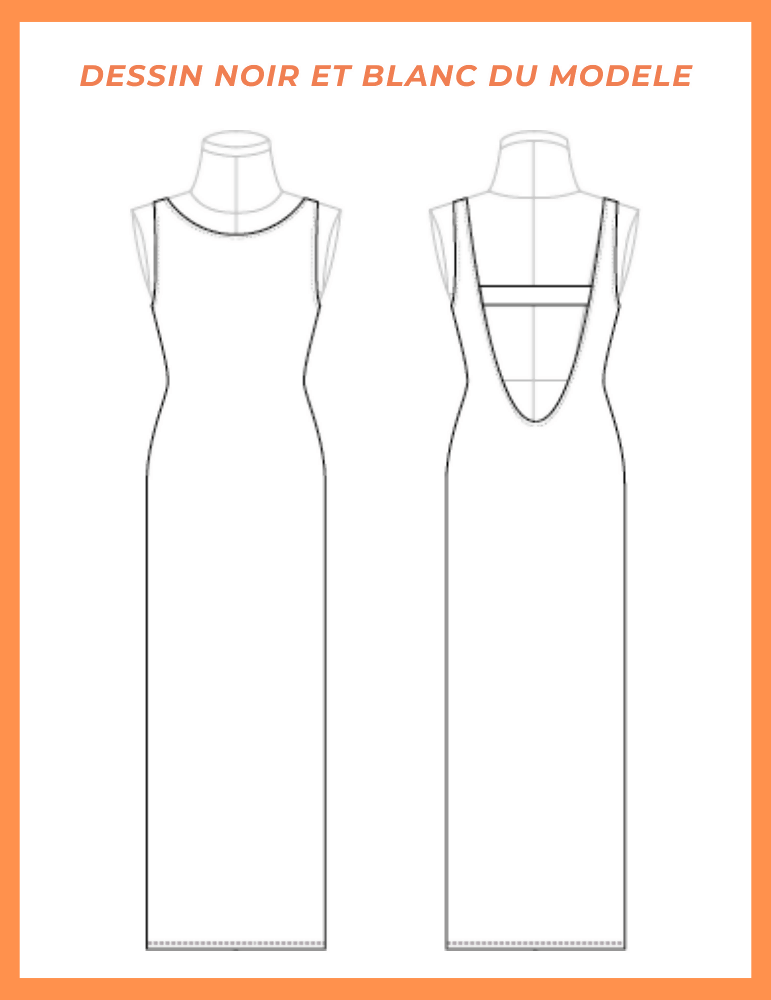 Schéma de la Robe Aury, patron de couture pdf à télécharger, en noir et blanc, vue avant et arrière.
