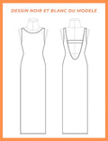 Schéma de la Robe Aury, patron de couture pdf à télécharger, en noir et blanc, vue avant et arrière.