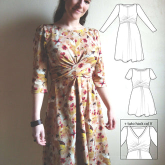 Robe 'Azureen' du 32 au 60 en maille avec patrons de couture pdf à télécharger, featuring criss-cross ties under the bust.