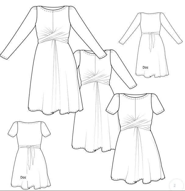 Patron de couture pdf pour Robe "Azureen" du 32 au 60 avec manches longues, 3/4 ou courtes et deux longueurs de jupe. Dessin technique inclus.