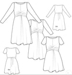 Patron de couture pdf pour Robe "Azureen" du 32 au 60 avec manches longues, 3/4 ou courtes et deux longueurs de jupe. Dessin technique inclus.