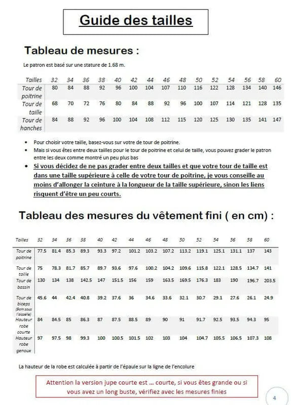 Guide des tailles pour Robe "Azureen" du 32 au 60, patron de couture PDF à télécharger, comprenant mesures et ajustements.