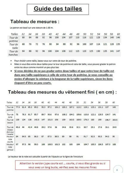 Guide des tailles pour Robe "Azureen" du 32 au 60, patron de couture PDF à télécharger, comprenant mesures et ajustements.
