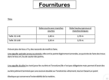 Guide de fournitures pour la Robe "Azureen" du 32 au 60, patron de couture pdf à télécharger, avec détails de tissu et aiguilles nécessaires.