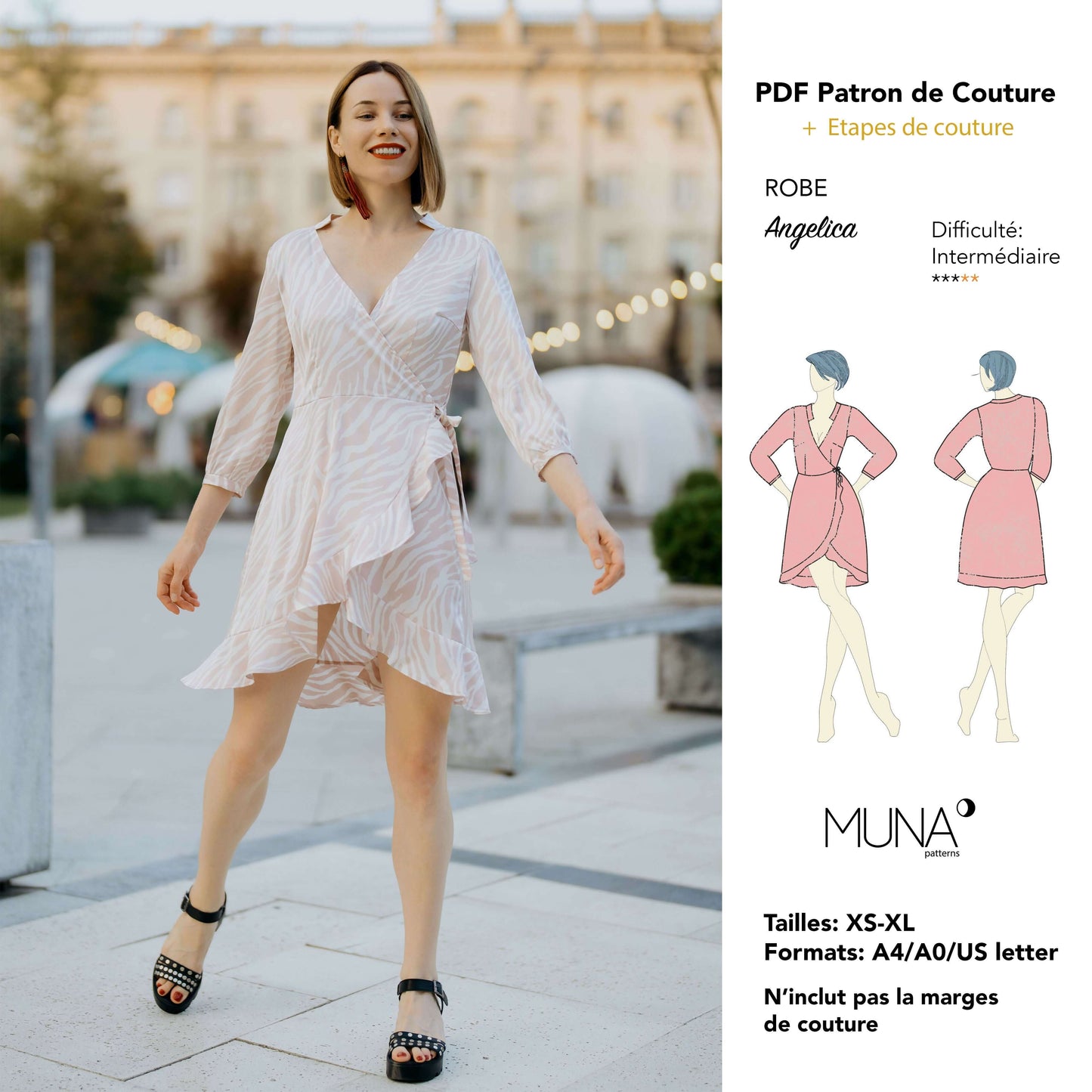 Robe Cache-Coeur - XS-XL - ANGELICA, patron de couture pdf à télécharger pour robe femme intermédiaire, tailles XS à XL, sans marges de couture.