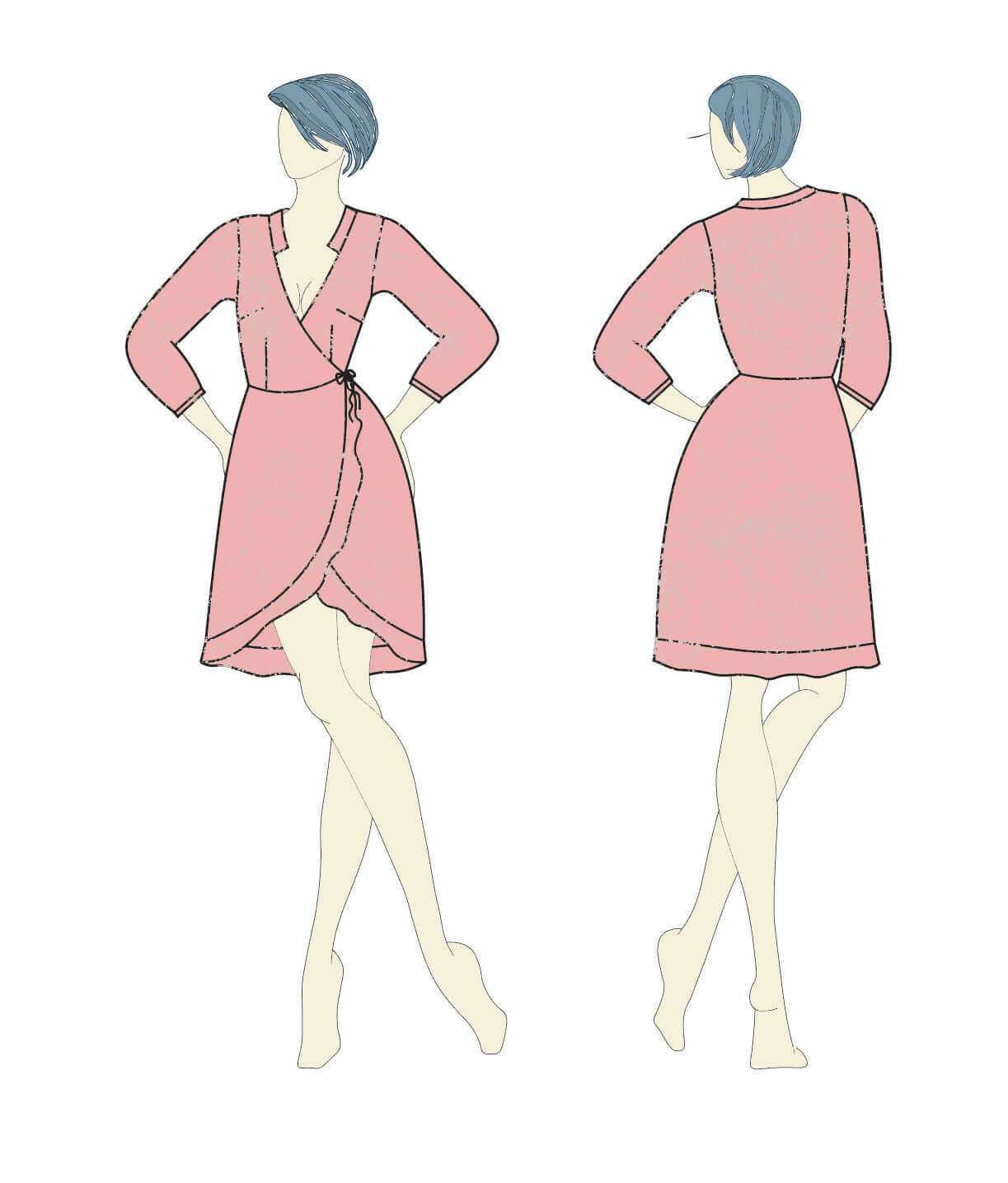 Illustration du patron de couture pdf à télécharger pour Robe Cache-Coeur - XS-XL - ANGELICA, vue de face et de dos, tailles XS à XL.