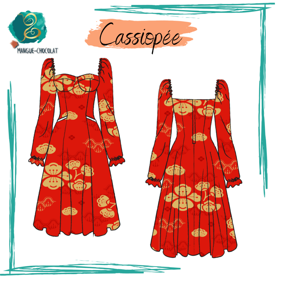 Robe Cassiopée - T36 à 50, patron de couture pdf à télécharger, robe bustier chic avec manches bouffantes et jupe évasée