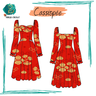 Robe Cassiopée - T36 à 50, patron de couture pdf à télécharger, robe bustier chic avec manches bouffantes et jupe évasée