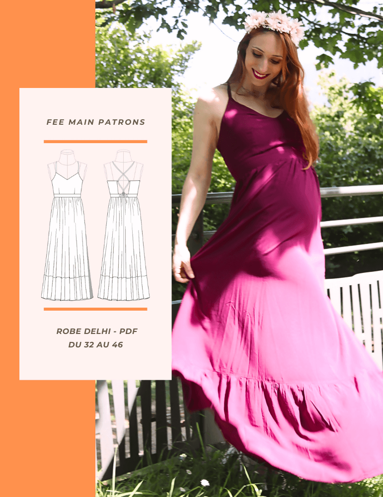 Femme radieuse portant la robe Delhi, élégante et personnalisable, idéale pour la saison estivale.