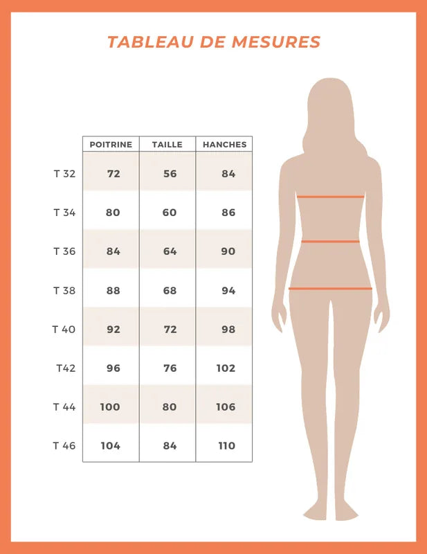 Tableau de mesures pour les tailles de femme, indiquant les dimensions de poitrine, taille et hanches.