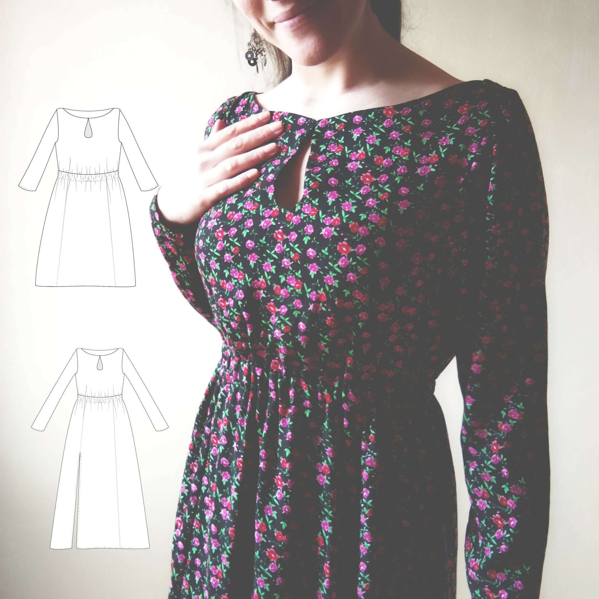 Robe "Doline" du 32 au 60, modèle avec goutte au décolleté et fente, patron de couture pdf à télécharger.