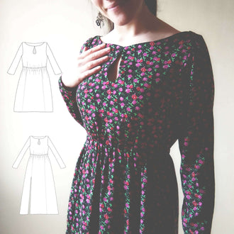 Robe "Doline" du 32 au 60, modèle avec goutte au décolleté et fente, patron de couture pdf à télécharger.