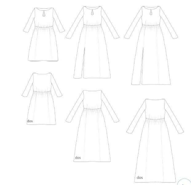 Illustration du patron de couture Robe "Doline" du 32 au 60, disponible en PDF à télécharger, montrant plusieurs variantes de longueurs.