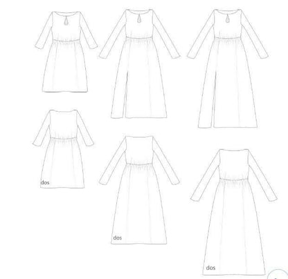 Illustration du patron de couture Robe "Doline" du 32 au 60, disponible en PDF à télécharger, montrant plusieurs variantes de longueurs.