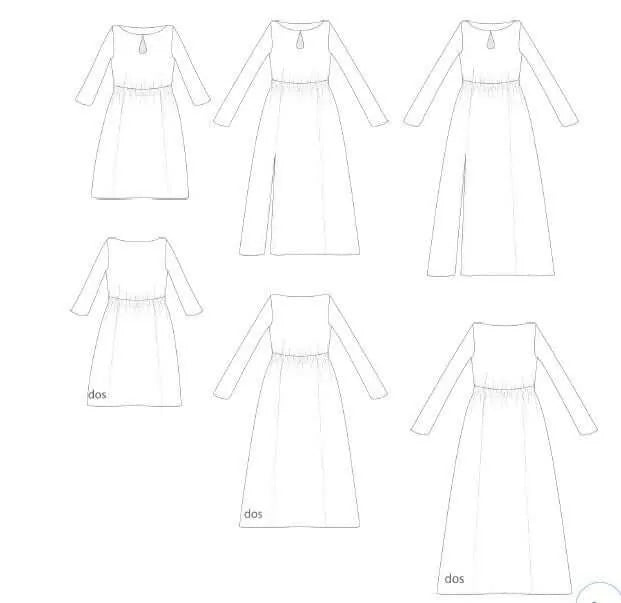 Illustration du patron de couture Robe "Doline" du 32 au 60, disponible en PDF à télécharger, montrant plusieurs variantes de longueurs.