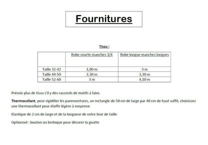 Tableau des fournitures pour confectionner la Robe "Doline" du 32 au 60, patron de couture pdf à télécharger, détails de tissu et accessoires.
