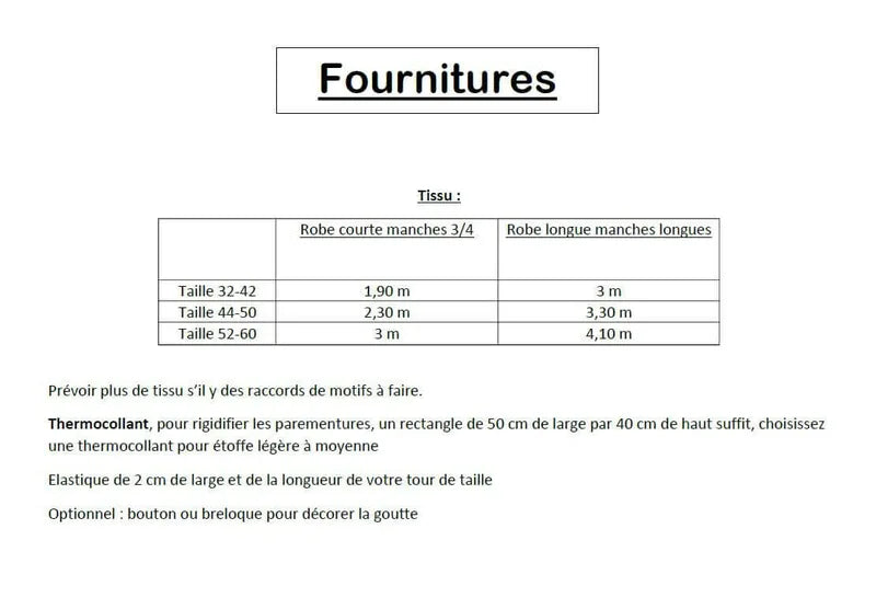Tableau des fournitures pour confectionner la Robe "Doline" du 32 au 60, patron de couture pdf à télécharger, détails de tissu et accessoires.