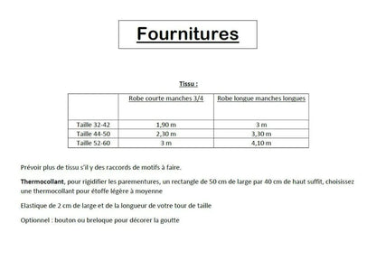Tableau des fournitures pour confectionner la Robe "Doline" du 32 au 60, patron de couture pdf à télécharger, détails de tissu et accessoires.