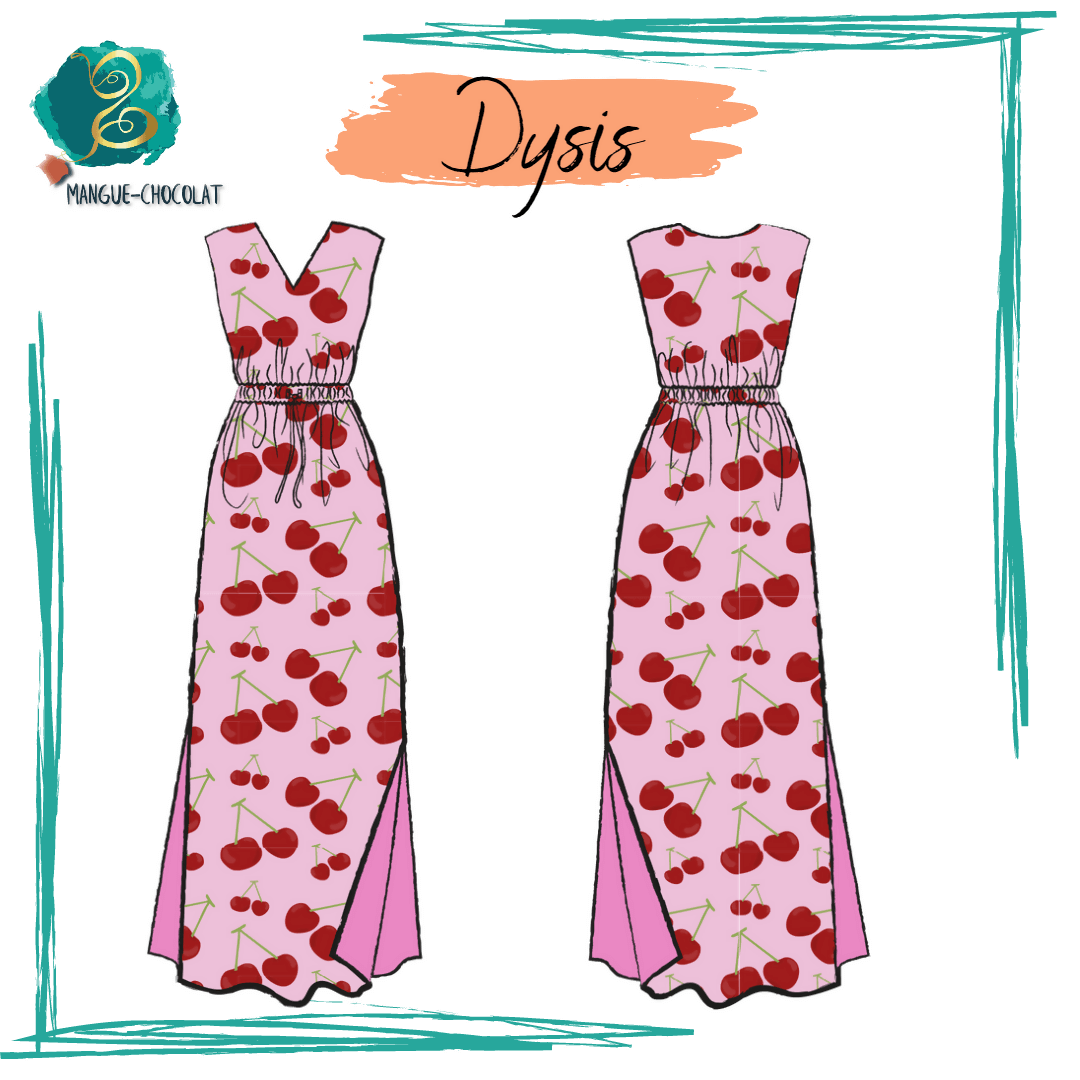 Illustration de la Robe Dysis - T 36 à 50, patron de couture pdf à télécharger, longue robe imprimée cerises col en V et fentes latérales.