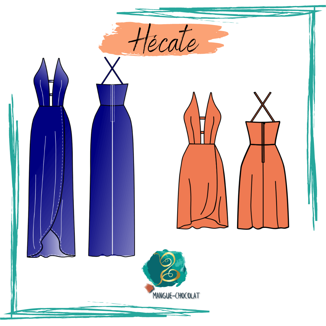Robe Hécate - T36 à 50, patron de couture pdf à télécharger, longues et courtes, décolleté plongeant et dos nu, illustration mode.