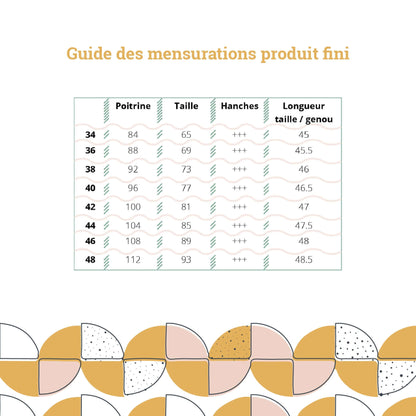 Guide des mensurations pour "Robe La Coquette - T34 à 48" avec patron de couture pdf à télécharger, incluant tailles et longueurs.