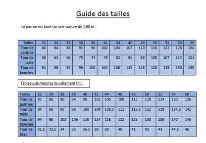 Guide des tailles pour la robe "Margotte", indiquant les mesures du tour de poitrine, taille et hanches du 32 au 56.