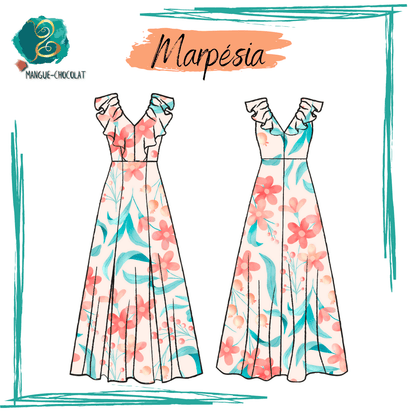 Robe Marpésia - T36 à 50, patron de couture pdf à télécharger, robe longue avec col en V volanté et fentes sur le devant.