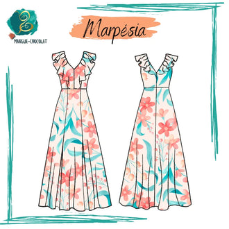 Robe Marpésia - T36 à 50, patron de couture pdf à télécharger, robe longue avec col en V volanté et fentes sur le devant.