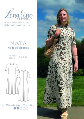 Robe Nata avec motif léopard en jersey, manches courtes et jupe évasée pour l'été. Patron de couture PDF à télécharger disponible.
