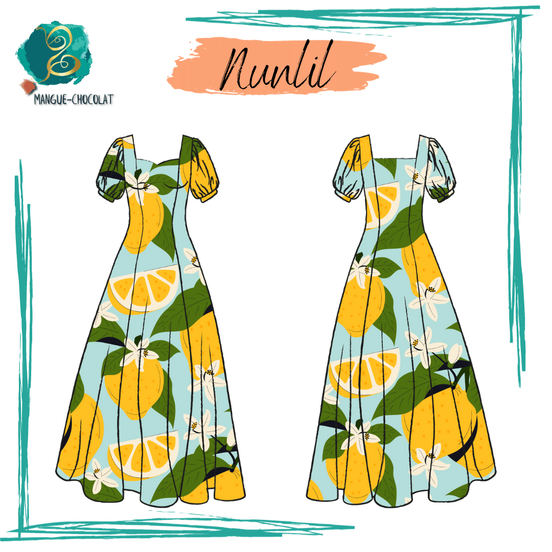 Robe Nunlil, robe longue à manches ballons, motif citron, pour patron de couture PDF, tailles 36 à 50.