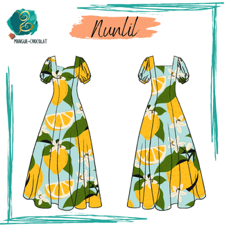 Robe Nunlil, robe longue à manches ballons, motif citron, pour patron de couture PDF, tailles 36 à 50.
