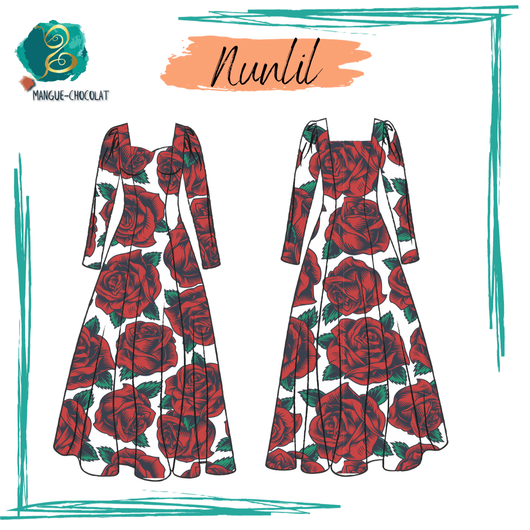 Patron de couture PDF de la robe Nunlil, avec design floral et manches ballons, taille 36 à 50.