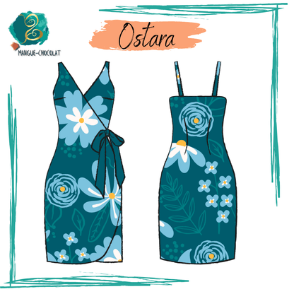 Robe Ostara : patron couture PDF à télécharger, modèle portefeuille bretelles, style féminin, tailles 36 à 50.