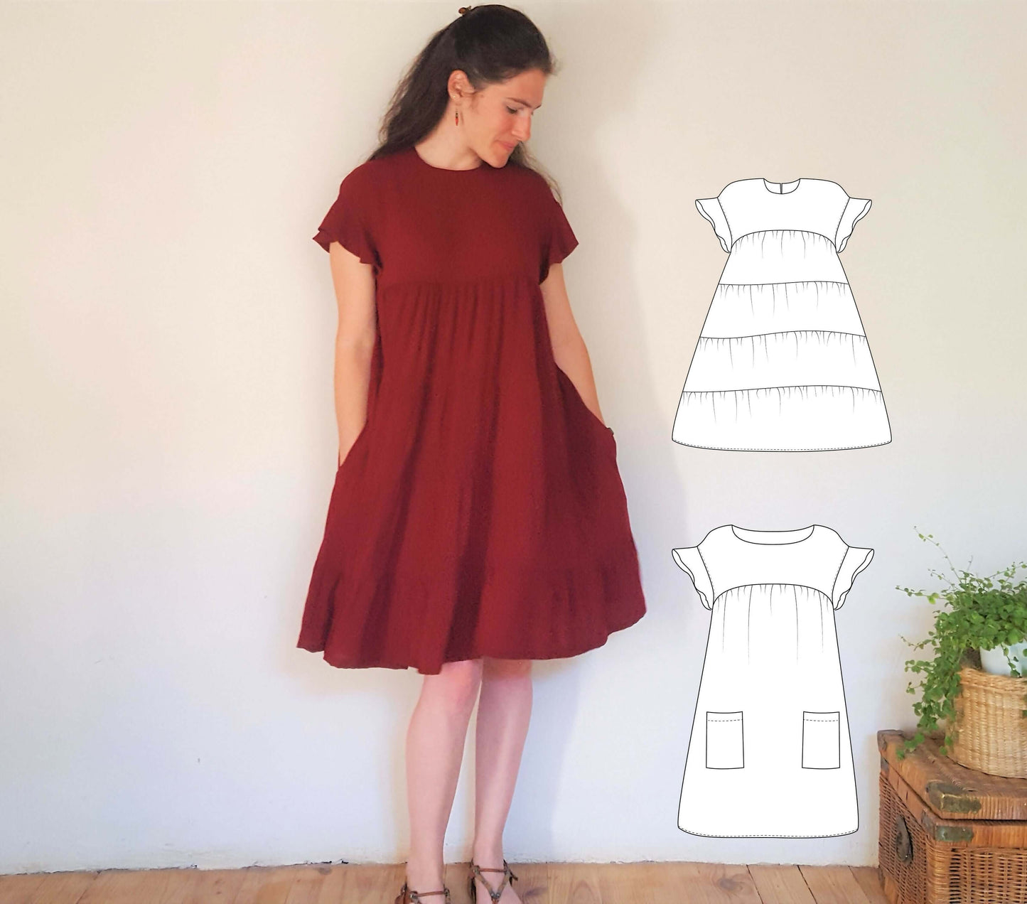 Robe "Pansy" du 32 au 56 en rouge avec volants, patron de couture pdf à télécharger, idéale pour l'été avec poches pratiques.
