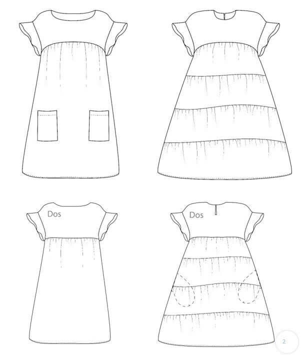 Dessin technique de la Robe "Pansy" du 32 au 56 avec options de volants, emmanchures larges, et poches, patron de couture pdf à télécharger.