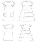 Dessin technique de la Robe "Pansy" du 32 au 56 avec options de volants, emmanchures larges, et poches, patron de couture pdf à télécharger.