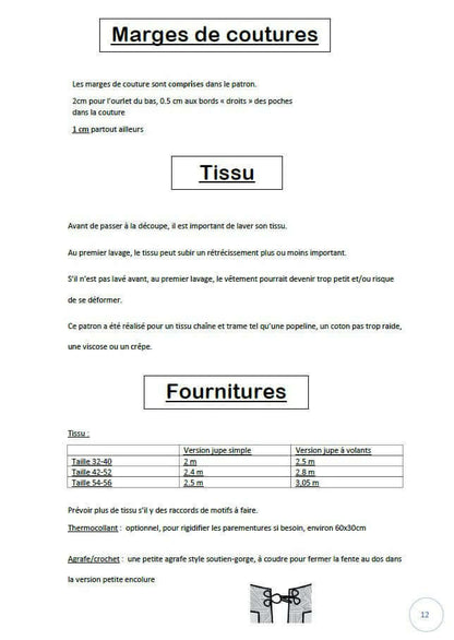 Robe "Pansy" du 32 au 56 : Guide tissu et fournitures, indispensable pour patron de couture pdf à télécharger.