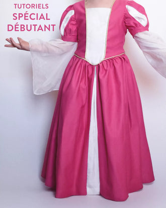 Robe Princesse Margaux Enfants en rose avec manches ballon et corsage ajusté, patron de couture pdf à télécharger, tutoriels pour débutants.