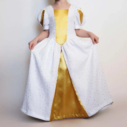 Robe Princesse Margaux Enfants avec patron de couture pdf à télécharger, style médiéval, col jaune et manches ballon, couture pour enfants.
