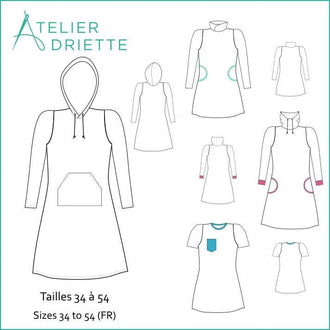 Patron de couture pdf à télécharger pour Robe Sweat MILA pour femmes du 34 au 54, options encolure et manches, Atelier Driette