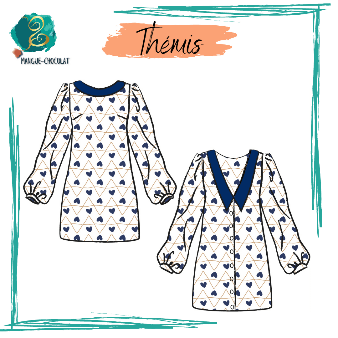 Robe Thémis avec manches froncées, décolleté en V, et motif cœur, taille 36 à 50 - Patron couture PDF à télécharger.