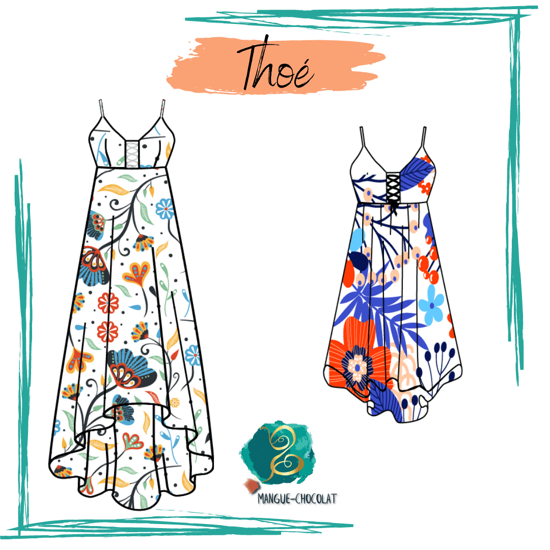 Robe Thoé - T36 à 50 avec patron de couture pdf à télécharger, design asymétrique avec imprimé floral et haut à lacets.