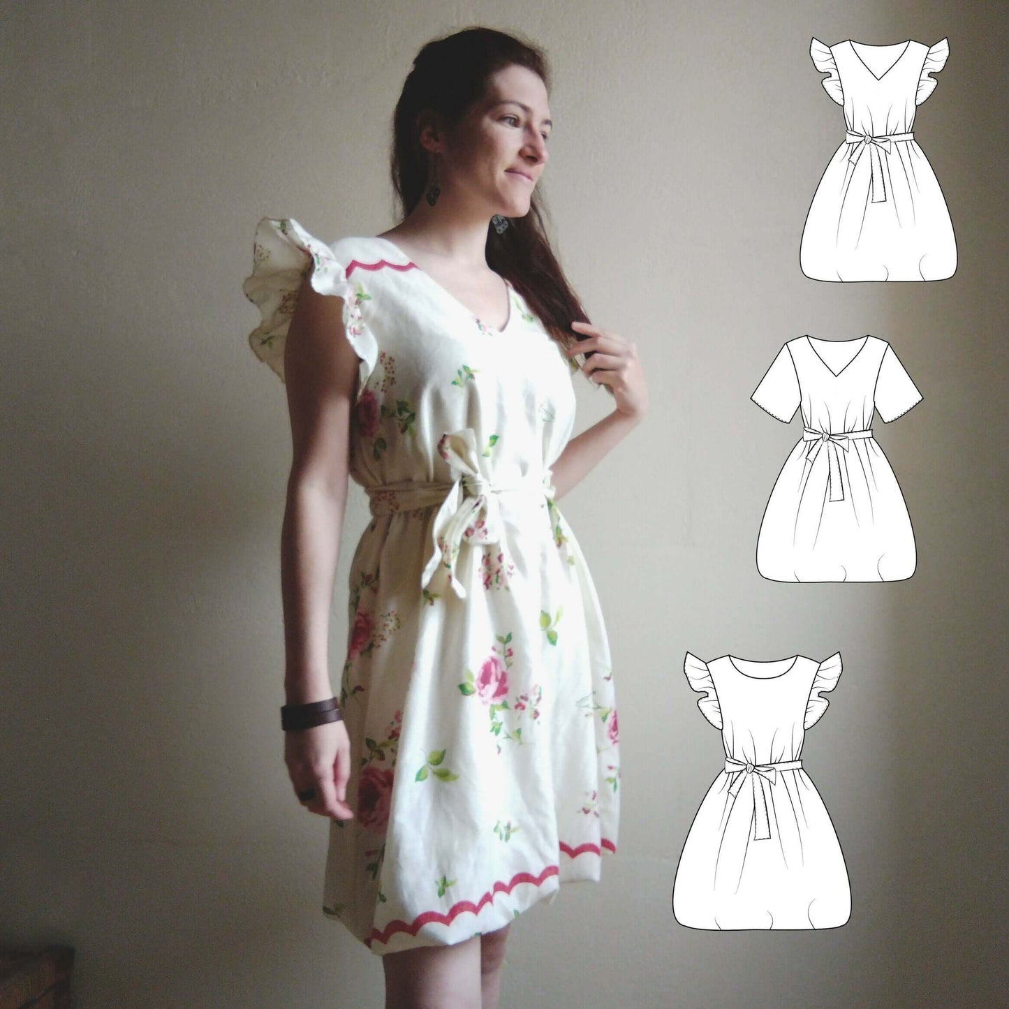 Robe "Topalyne" du 32 au 60 avec manches volantées, patron de couture pdf à télécharger, vue complète de la robe avec dessins techniques.