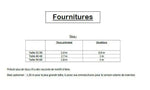 Tableau des fournitures pour robe "Topalyne" du 32 au 60, patron de couture pdf à télécharger, tissu principal et doublure indiqués.