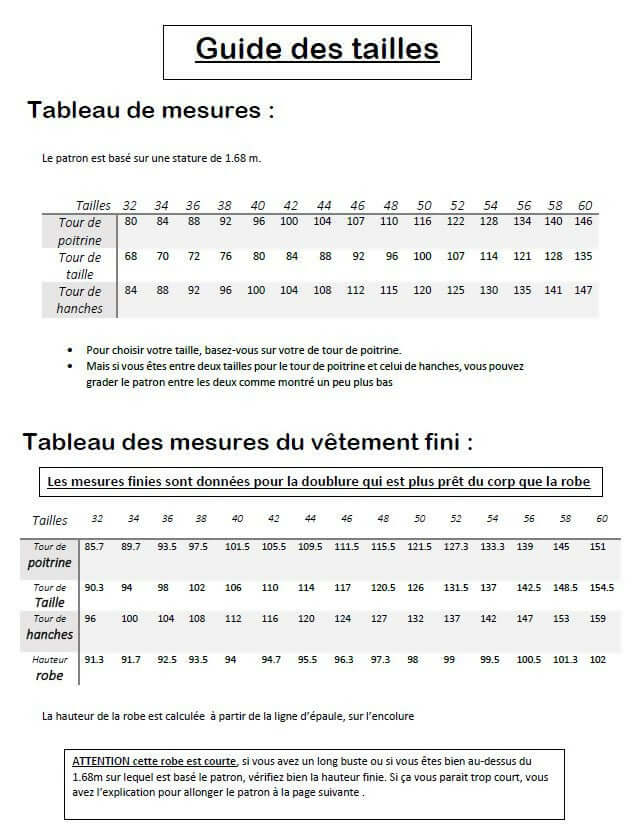 Tableau des tailles pour Robe "Topalyne" du 32 au 60, patron de couture pdf à télécharger, incluant mesures du vêtement fini.