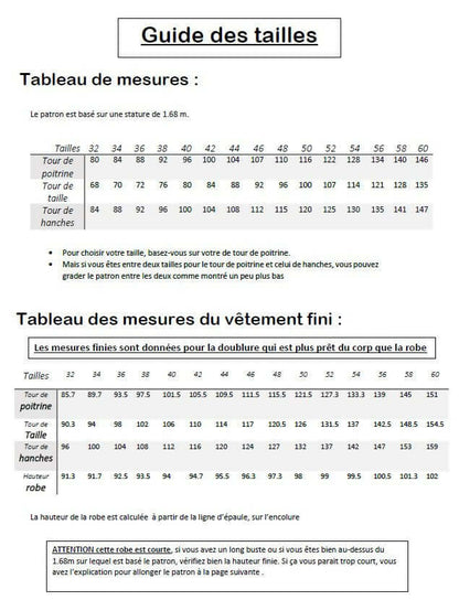 Tableau des tailles pour Robe "Topalyne" du 32 au 60, patron de couture pdf à télécharger, incluant mesures du vêtement fini.
