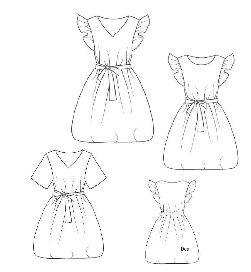 Illustration du patron de couture PDF à télécharger de la robe "Topalyne" du 32 au 60 avec encolures ronde et en V, manches évasées et volants.